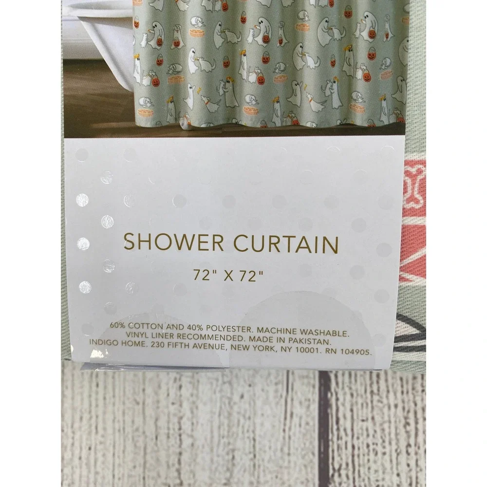 Isaac Mizrahi Shower Curtain Sage Green Halloween Ghost Dog Puppy Spooky Fall